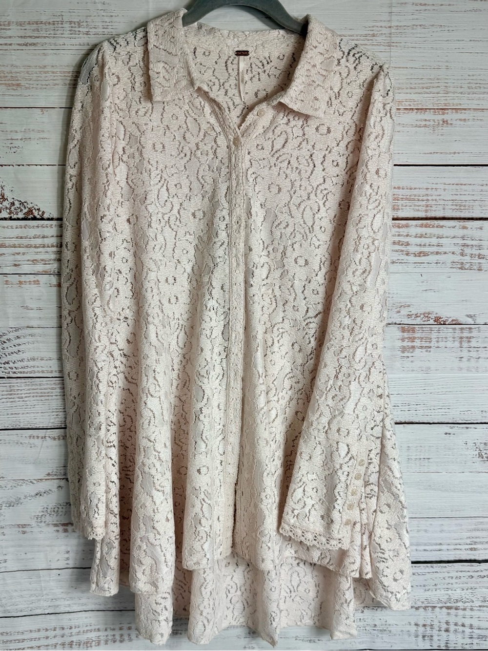 Free People Heather Lace Button-Up Champagne Dream Long Sleeve Top